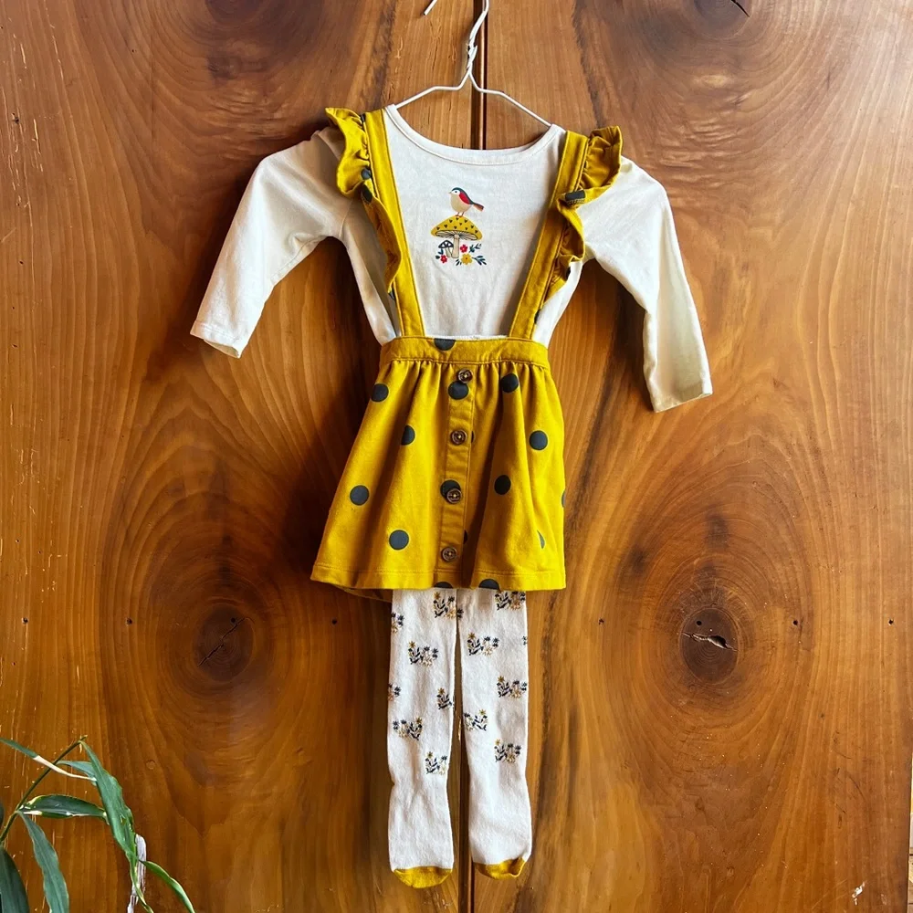 NWOT Wonder nation bird and mushroom, yellow polka dot overall pinafore dress.